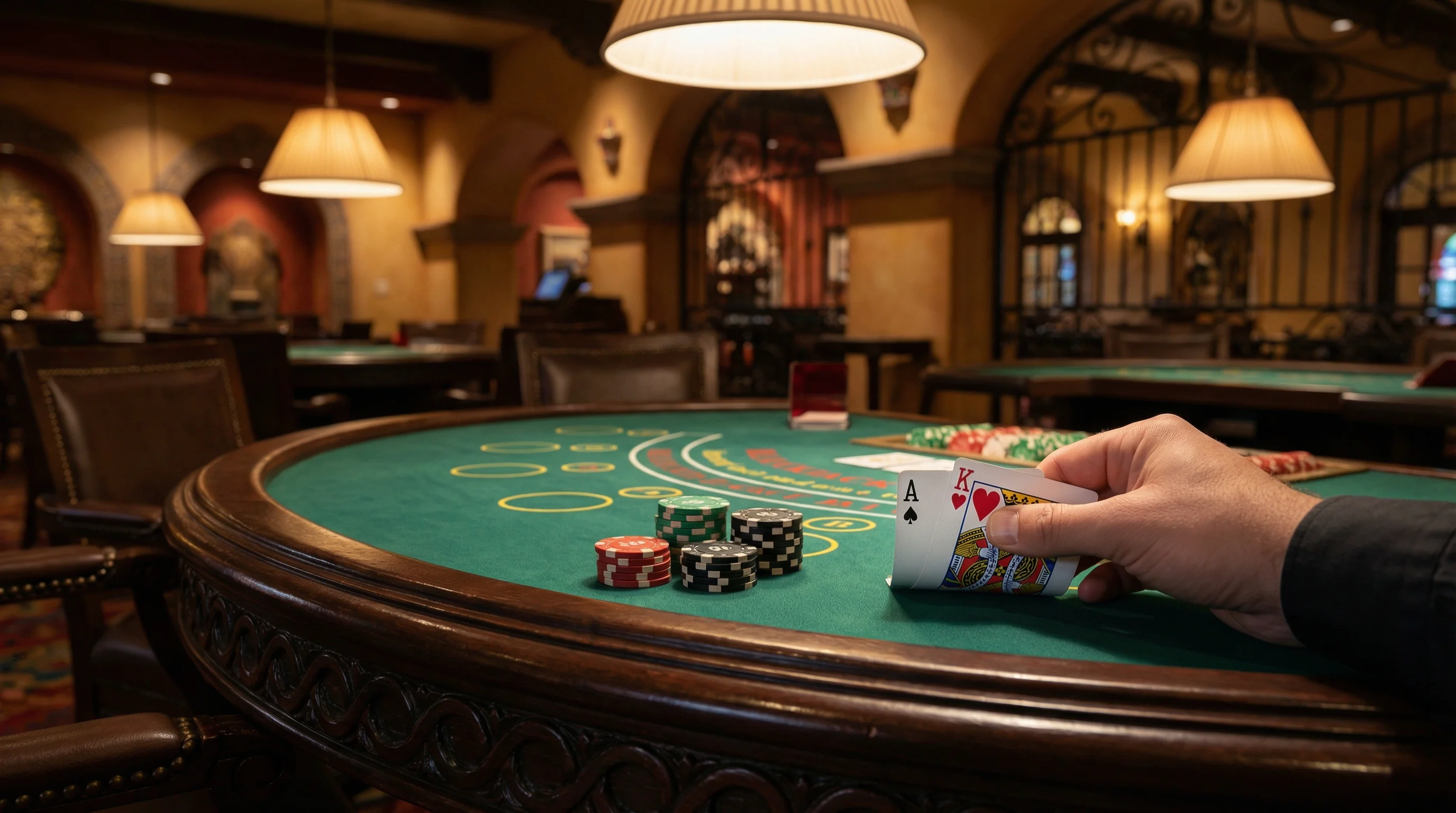 Mesa de blackjack profesional con cartas mostrando 21