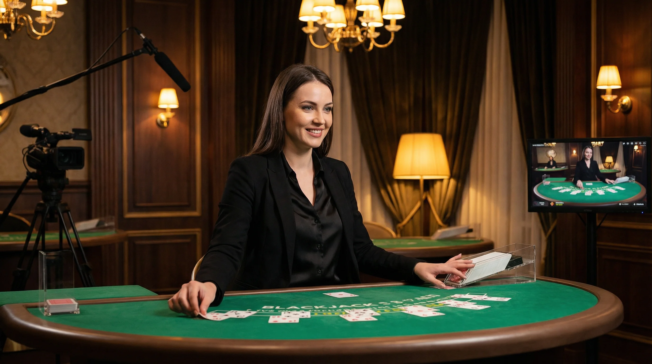 Crupier profesional en mesa de blackjack en vivo